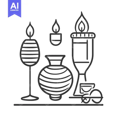 Aset desain premium: An artistic arrangement of candles and pottery on a surface