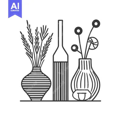 Aset desain premium: Artistic still life of vases featuring floral and bottled objects