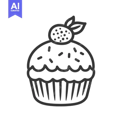Aset premium populer: An outlined black and white image of a decorated cupcake
