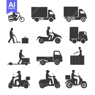 Aset desain premium: Delivery Methods: A Collection of Black Silhouettes of Vehicles and Pe