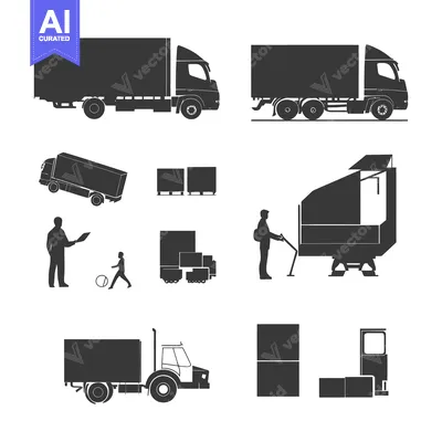 Aset premium populer: Delivery Truck and Box Silhouettes with Loading Workers