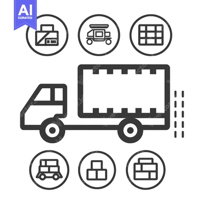 Aset desain premium: Delivery Truck with Cargo and Related Icons