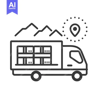 Premium design asset: Delivery Truck with Location Pin and Mountains in the Background