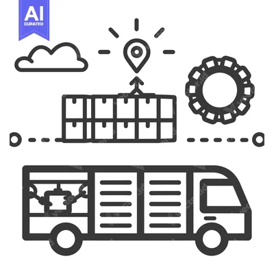 Aset premium populer: Delivery Truck with Stacked Boxes, Location Pin, and Gear