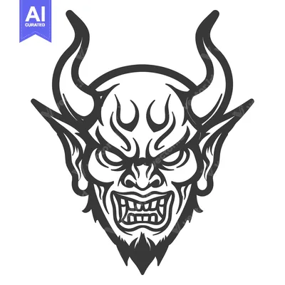 A detailed illustration of a devil head with horns and sharp features