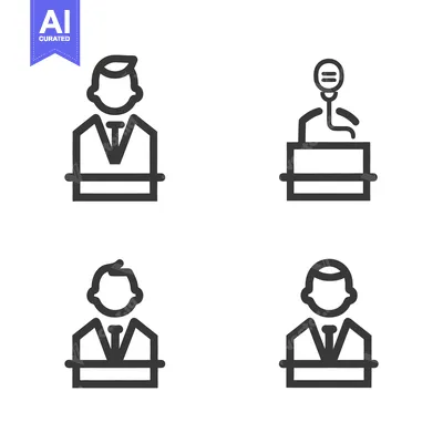 Aset premium populer: Simple black outline icons depicting people and a speaking podium