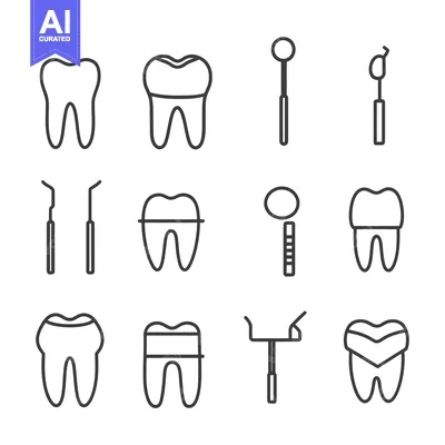 Aset desain premium: Dental Care Icon Set with Teeth, Tools, and Fillings