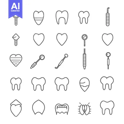 Aset premium populer: Dental Care Icons Set with Tools, Teeth, and Heart Shapes