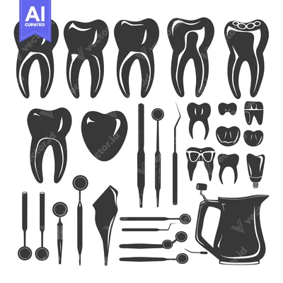 Aset desain premium: Dental Care Set with Teeth, Tools, and Equipment