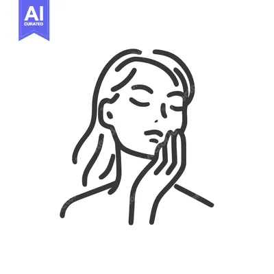 Aset desain premium: Minimalist Line Art: Woman in Thoughtful Pose with Hand on Face