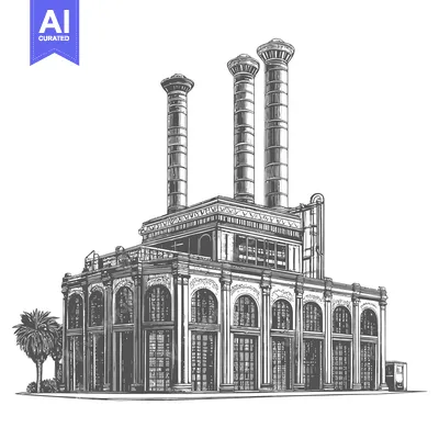 Aset desain premium: A grand building with three tall chimneys stands majestically