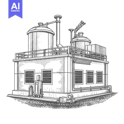 Premium design asset: Industrial Building With Large Storage Tanks And Pipes