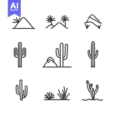 Aset premium populer: Desert Landscape and Cactus Icons Set