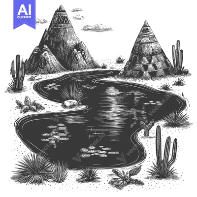 Desert Landscape with Tepees and Water Source