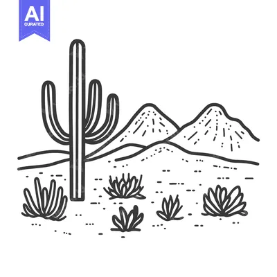 Aset premium populer: A desert landscape depiction including cactus and distant mountainous
