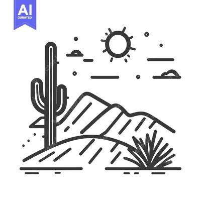 Aset desain premium: A desert landscape featuring a cactus and mountainous horizon with the