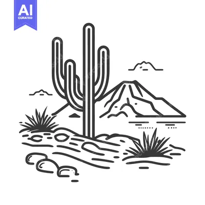 Aset premium populer: A black and white illustration depicting a desert landscape with flora