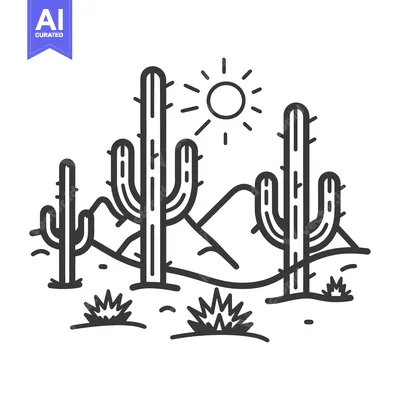 Simple Line Drawing Depicting Desert Landscape With Cactus Plants