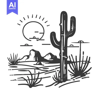 Aset premium populer: A black and white illustration showing desert landscape and cactus pla