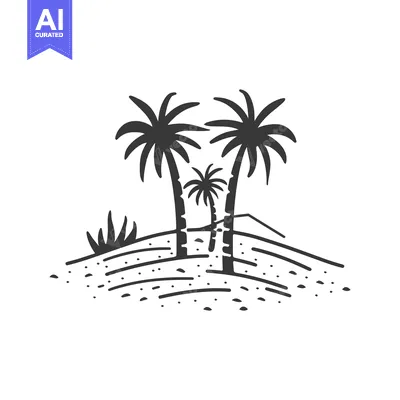 Premium design asset: Silhouetted palm trees and scrub growing on a small hill