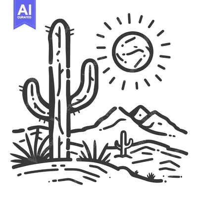 Aset premium populer: A black and white illustration depicting a desert landscape scene