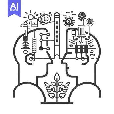 Aset desain premium: A black and white illustration shows shared cognitive processes betwee