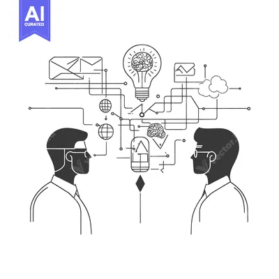 Premium design asset: Two men exchange ideas through a network of connected concepts