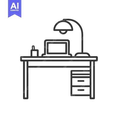 Aset premium populer: Minimalist Desk Line Art: Laptop, Lamp, and Drawers in Simple Outline