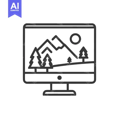 Download Minimalist Computer Displaying Mountain Landscape, Pine Trees, and Sun Vector Graphic