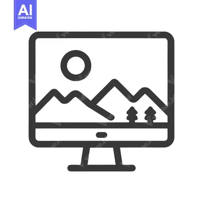 Download Minimalist Computer Icon Displaying Mountain Landscape with Sun and Tr Vector Graphic
