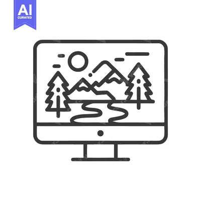 Download Minimalist Computer Screen Displaying Mountain Landscape Icon in Black Vector Graphic