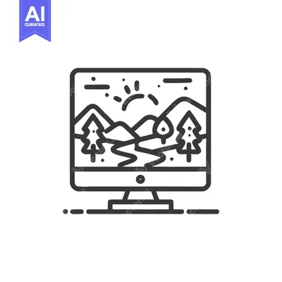 Download Computer Screen Displaying Mountain Landscape, Line Art Icon Style Vector Graphic