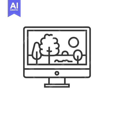 Download Minimalist Computer Displaying a Stylized Landscape Scene Outline Vector Graphic