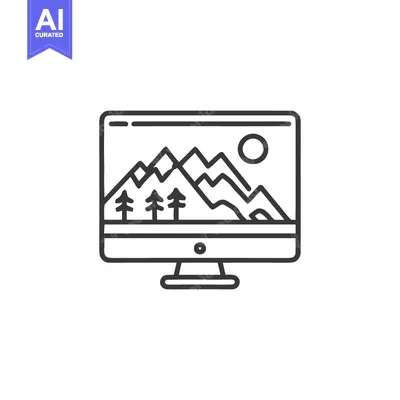 Download Minimalist Computer Displaying Mountain Landscape with Trees and Sun I Vector Graphic