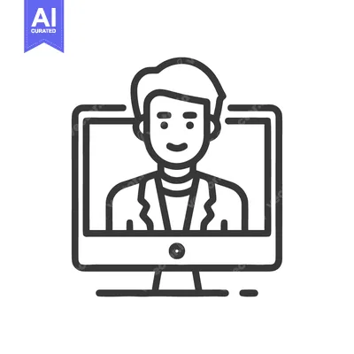 Download Online Meeting Icon: Man on Computer Screen, Outline Style Vector Graphic