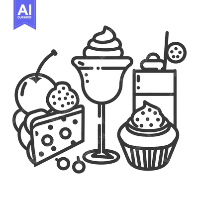 Popular premium asset: Various desserts and fruits arranged in a black and white illustration