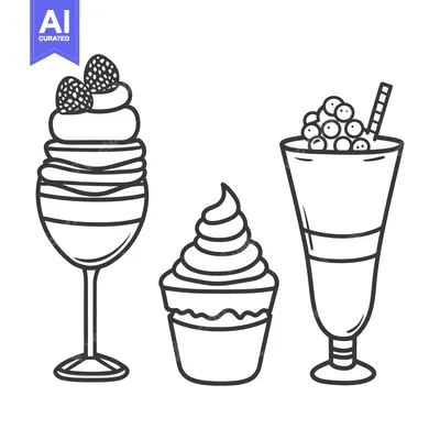 Aset desain premium: Three various delectable and delicious dessert treats in black and whi