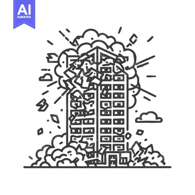 Premium design asset: Demolition Line Art: Building Implosion with Dust and Debris