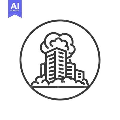Aset premium populer: Collapsing Buildings Icon: Black and White Line Art in Circle