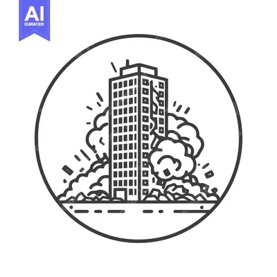 Aset premium populer: Demolition Icon: Skyscraper Destruction with Dust Cloud in Circular Fr