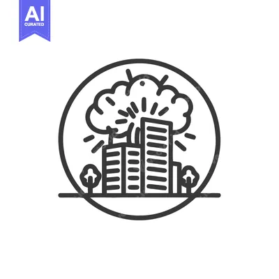 Aset premium populer: Urban Pollution Icon: City Skyline with Smog and Trees in Circle