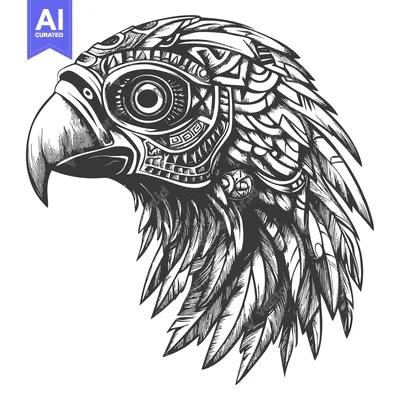 Aset premium populer: Detailed Black and White Drawing of a Bird's Head with Geometric Patte