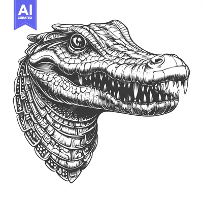 Aset desain premium: Detailed Black and White Drawing of a Crocodile Head