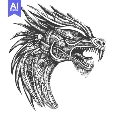 Aset desain premium: Detailed Black and White Drawing of a Dragon's Head
