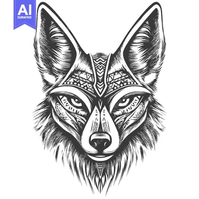 Aset desain premium: Detailed black and white drawing of a fox head with tribal markings