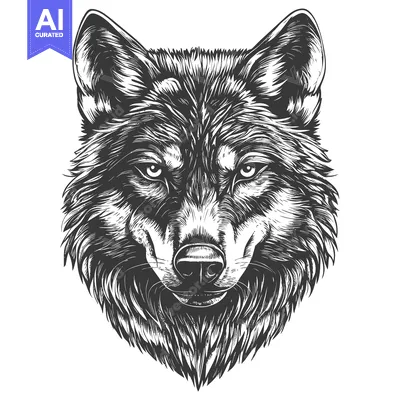 Aset premium populer: Detailed Black and White Hand-Drawn Illustration of a Wolf's Head