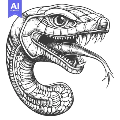 Popular premium asset: Detailed Black and White Hand Drawn Snake Head with Fangs and Tongue