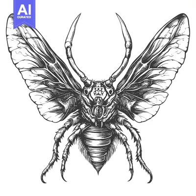 Aset premium populer: Detailed Black and White Illustration of a Beetle with Large Wings