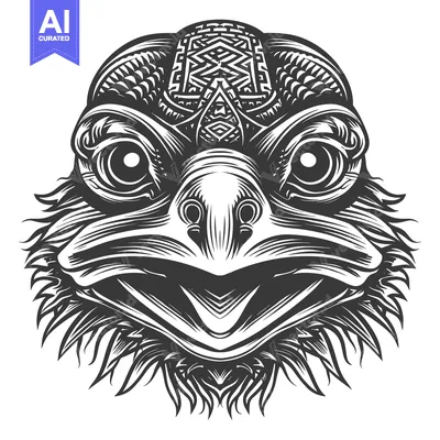 Aset desain premium: Detailed Black and White Illustration of a Bird's Head with Tribal Pat