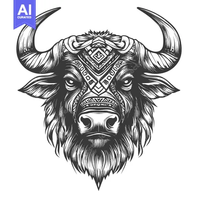 Aset desain premium: Detailed Black and White Illustration of a Bull's Head with Geometric